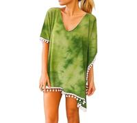 Women's Black Paisley Print Chiffon Beach Cover Up with Pom Pom Trim Loose Fit V Neck Summer Tunic Swimwear Kaftan Dress for Vacation Pool Party