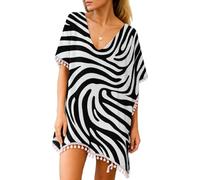 Women's Black Paisley Print Chiffon Beach Cover Up with Pom Pom Trim Loose Fit V Neck Summer Tunic Swimwear Kaftan Dress for Vacation Pool Party