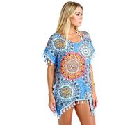 Women's Black Paisley Print Chiffon Beach Cover Up with Pom Pom Trim Loose Fit V Neck Summer Tunic Swimwear Kaftan Dress for Vacation Pool Party