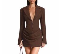 Womens Blazer Dress Deep V-Neck Solid Ruched Ruffles - Bodycon Belted Ruffle Dress, Office to Evening Dresses (Brown,M)