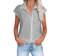 Women's Blouse Solid Color Breathable Single Breasted Shirts Short Sleeve Tops Cotton Linen Summer Tops Ladies Casual Loose Fit Shirts Trendy T Shirts E-95