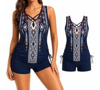 Women's Blouson Tankini Swimsuit, Tummy Control 2 Piece Bathing Suit with Built-in Bra and Boyshorts (Blue Print,XL)
