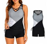 Women's Blouson Tankini Swimsuit, Tummy Control 2 Piece Bathing Suit with Built-in Bra and Boyshorts (Grey Black,L)