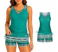 Women's Blouson Tankini Swimsuit, Tummy Control 2 Piece Bathing Suit with Built-in Bra and Boyshorts (Green,XL)