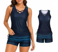 Women's Blouson Tankini Swimsuit, Tummy Control 2 Piece Bathing Suit with Built-in Bra and Boyshorts (Navy Blue,XL)