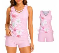 Women's Blouson Tankini Swimsuit, Tummy Control 2 Piece Bathing Suit with Built-in Bra and Boyshorts (Pink,XXL)