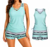 Women's Blouson Tankini Swimsuit, Tummy Control 2 Piece Bathing Suit with Built-in Bra and Boyshorts (Sky Blue,XXL)