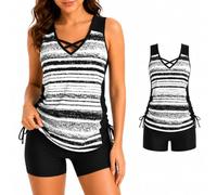 Women's Blouson Tankini Swimsuit, Tummy Control 2 Piece Bathing Suit with Built-in Bra and Boyshorts (White,M)