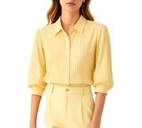 Women's Blue and White Vertical Striped Button Down Shirt Casual 3/4 Puff Sleeve Blouse Lightweight Summer Office Work Top for Ladies Girls