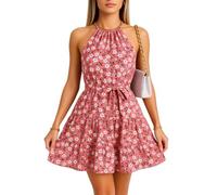 Women's Blue Floral Halter Neck Mini Dress Summer Beach Vacation Tiered Ruffle Sundress Sleeveless A-Line Flowy Short Dress for Casual Party