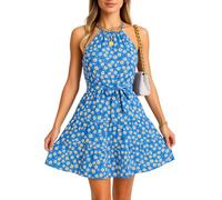 Women's Blue Floral Halter Neck Mini Dress Summer Beach Vacation Tiered Ruffle Sundress Sleeveless A-Line Flowy Short Dress for Casual Party