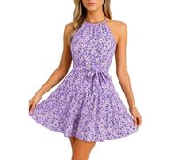 Women's Blue Floral Halter Neck Mini Dress Summer Beach Vacation Tiered Ruffle Sundress Sleeveless A-Line Flowy Short Dress for Casual Party