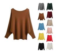 Women's Boat Neck Bat Sleeve Knitted Sweater, Autumn Winter Loose Long Warm Pullover, Boat Neck Sweaters for Women (Caramel,One Size)