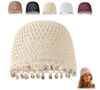 Womens Bohemian Crochet Hat with Shell,Hollow out Handmade Shell Trim Beanie Cap,Summer Boho Beach Vacation Crochet Skull Cap (Beige)