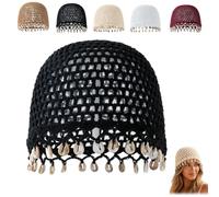 Womens Bohemian Crochet Hat with Shell,Hollow out Handmade Shell Trim Beanie Cap,Summer Boho Beach Vacation Crochet Skull Cap (Black)