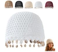 Womens Bohemian Crochet Hat with Shell,Hollow out Handmade Shell Trim Beanie Cap,Summer Boho Beach Vacation Crochet Skull Cap (White)
