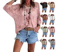 Women's Bohemian-Inspired Beige Crochet Top with V-Neck Handmade Crochet V-Neck Boho Top 3/4 Sleeve Hollow Blouse (Pink,3XL)