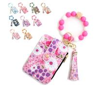 Women's Boho Beaded Wallet, Boho Style Beaded & Tassel Keychain Floral Fruit Pattern Wristlet Wallet, with Silicone Bracelet (Light Purple)