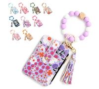 Women's Boho Beaded Wallet, Boho Style Beaded & Tassel Keychain Floral Fruit Pattern Wristlet Wallet, with Silicone Bracelet (Purple)