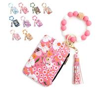 Women's Boho Beaded Wallet, Boho Style Beaded & Tassel Keychain Floral Fruit Pattern Wristlet Wallet, with Silicone Bracelet (Pink)