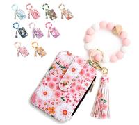 Women's Boho Beaded Wallet, Boho Style Beaded & Tassel Keychain Floral Fruit Pattern Wristlet Wallet, with Silicone Bracelet (Light Pink)