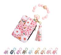 Women's Boho Beaded Wallet, Boho Style Beaded Tassel Keychain Wallet, Silicone Bead Flower Pattern Card Holder (C#8)