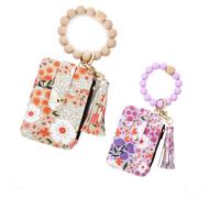 Women's Boho Beaded Wallet with Flower Pattern, Boho Style Beaded Tassel Keychain Wallets, Y2K Wrist Tassel Card Holder Wristlet with Wallet,Wristlet wallets Credit Card Holder Purse (2PCS-A,One-size)