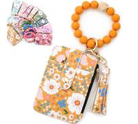 Women's Boho Beaded Wallet with Flower Pattern, Women Boho Style Beaded & Tassel Decorated Keychain, Credit Card Holder Purse (Yellow)