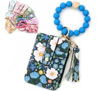 Women's Boho Beaded Wallet with Flower Pattern, Women Boho Style Beaded & Tassel Decorated Keychain, Credit Card Holder Purse (Dark Blue)