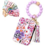 Women's Boho Beaded Wallet with Flower Pattern, Women Boho Style Beaded & Tassel Decorated Keychain, Credit Card Holder Purse (Light Purple)