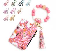Women's Boho Beaded Wallet, Women's Boho Style Wristlet Beaded & Tassel Decorated Keychain with Floral Wallet (Dark Pink)