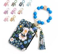 Women's Boho Beaded Wallet, Women's Boho Style Wristlet Beaded & Tassel Decorated Keychain with Floral Wallet (Dark Blue)