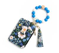 Women's Boho Beaded Wallet, Wristlet Wallet Keychain with Beaded Tassel Flower Pattern (Dark Blue)