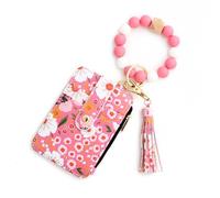 Women's Boho Beaded Wallet, Wristlet Wallet Keychain with Beaded Tassel Flower Pattern (Dark Pink)