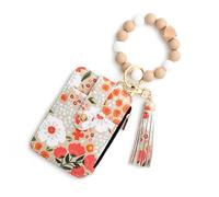 Women's Boho Beaded Wallet, Wristlet Wallet Keychain with Beaded Tassel Flower Pattern (Khaki)