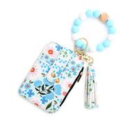 Women's Boho Beaded Wallet, Wristlet Wallet Keychain with Beaded Tassel Flower Pattern (Light Blue)