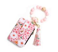 Women's Boho Beaded Wallet, Wristlet Wallet Keychain with Beaded Tassel Flower Pattern (Light Pink)