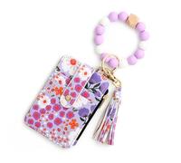 Women's Boho Beaded Wallet, Wristlet Wallet Keychain with Beaded Tassel Flower Pattern (Purple)