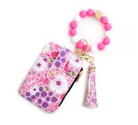 Women's Boho Beaded Wallet, Wristlet Wallet Keychain with Beaded Tassel Flower Pattern (Rose Red)