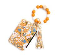 Women's Boho Beaded Wallet, Wristlet Wallet Keychain with Beaded Tassel Flower Pattern (Yellow)