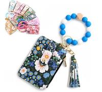 Women's Boho Beaded Wristlet Wallet, Flower Pattern Tassel Keychain Wallet, Small Compartment Credit Card Holder Purse (Dark Blue)