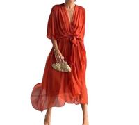 Womens Boho Casual Dress Fashion Solid Color Wrap V Neck Summer Loose Half Sleeve A Line Irregular Midi Crochet Romper Dress (Orange,XL)
