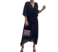 Womens Boho Casual Dress Fashion Solid Color Wrap V Neck Summer Loose Half Sleeve A Line Irregular Midi Crochet Romper Dress (Black,5XL)