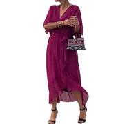Womens Boho Casual Dress Fashion Solid Color Wrap V Neck Summer Loose Half Sleeve A Line Irregular Midi Crochet Romper Dress (Fuchsia,5XL)