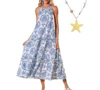 Women's Boho Casual Summer Floral Halter Tiered Beach Dress Loose Long Floral Sundresses Flowy Halter Beach Vacation Outfits (Blue,S)