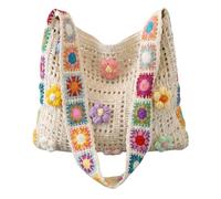 Women's Boho Crochet Flower Tote Bag, Hollow Out Knit Woven Shoulder Crossbody Purse, Ethnic Embroidery Handbag. (White)