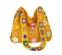 Women's Boho Crochet Flower Tote Bag, Hollow Out Knit Woven Shoulder Crossbody Purse, Ethnic Embroidery Handbag. (Yellow)