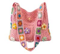 Women's Boho Crochet Flower Tote Bag, Hollow Out Knit Woven Shoulder Crossbody Purse, Ethnic Embroidery Handbag. (Pink)