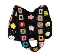Women's Boho Crochet Flower Tote Bag, Hollow Out Knit Woven Shoulder Crossbody Purse, Ethnic Embroidery Handbag. (Black)