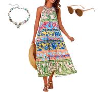 Women's Boho Floral Halter Tiered Beach Dress, Summer Loose Fit Color Blocked Dress, Casual Sleeveless Long Sundress